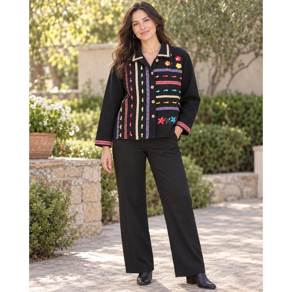 Vintage New Directions Jacket L Black Embroidered Folk Art Boho Cotton